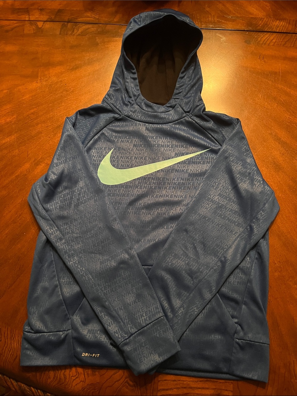 Boys Nike Navy Hooded Dri-FIT Pullover with Lime Swoosh